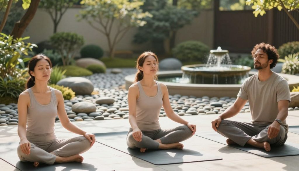 A serene environment showcasing relaxation techniques for immediate anxiety relief. In the foreground, a diverse group of three individuals (two women and one man) are engaging in deep breathing exercises, dressed in modest, comfortable clothing. The scene captures them seated cross-legged on soft yoga mats, with peaceful expressions. In the middle ground, a softly lit zen garden filled with smooth pebbles and lush greenery creates a sense of tranquility. The background features a gently flowing water fountain, its sound creating a calming ambiance. Natural sunlight filters through surrounding trees, casting soft shadows and warm tones that enhance the mood. The overall atmosphere is one of peacefulness and mindfulness, inviting the viewer to embrace relaxation.