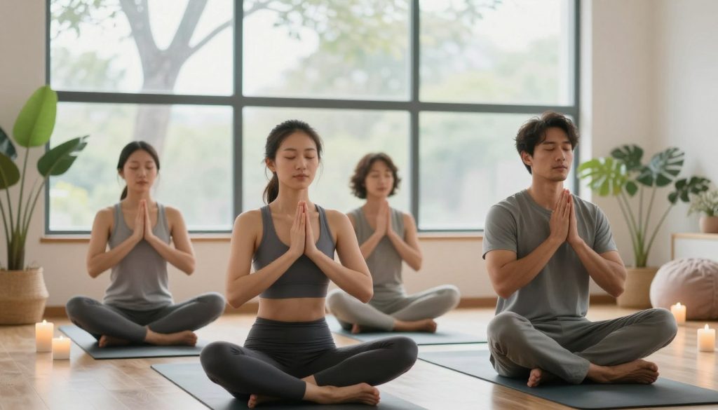 A serene indoor setting featuring a diverse group of three individuals practicing deep breathing exercises. In the foreground, focus on a woman and a man seated on yoga mats, eyes closed, demonstrating calmness and concentration in their breath. The middle layer showcases a large window behind them, allowing natural soft light to illuminate the space and enhance the tranquil atmosphere. Plants and calming decor, such as candles and soft cushions, are placed around the room, adding a sense of peace. In the background, silhouettes of trees gently swaying can be seen through the window, symbolizing connection with nature. The overall mood is serene and encouraging, inviting viewers to engage in mindfulness and stress relief techniques.