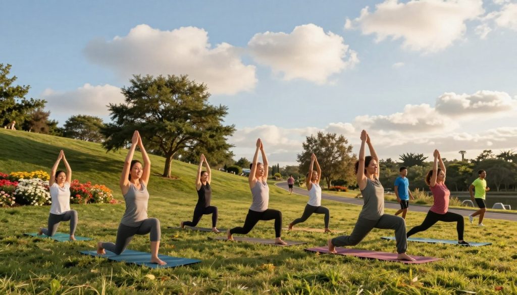 A serene outdoor scene highlighting the connection between physical activity and mental health. In the foreground, a diverse group of individuals in modest athletic wear engages in a joyful yoga session on a grassy hillside, demonstrating various poses to signify strength and resilience. In the middle ground, trees and colorful flowers evoke a sense of tranquility, while a few people jog along a winding path, embodying vitality and movement. The background features a bright blue sky with soft, fluffy clouds, symbolizing openness and positivity. The lighting is warm and golden, suggesting early morning or late afternoon, creating a calming and uplifting atmosphere. The overall mood is one of harmony, emphasizing the benefits of lifestyle changes for emotional well-being.