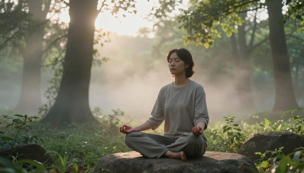 A serene scene depicting an individual engaged in mindfulness meditation, seated cross-legged on a smooth, natural stone in a tranquil forest setting. The foreground features the person—dressed in comfortable, modest casual clothing—eyes gently closed, radiating calm through their expression. In the middle ground, lush greenery and delicate wisps of mist intertwine, softly lit by the warm glow of early morning sunlight filtering through the leaves. The background showcases towering trees, their silhouettes softened against a hazy sky, enhancing the peaceful atmosphere. The image captures a sense of tranquility and introspection, evoking the essence of stress management and mental clarity. Utilize soft lighting and a slightly blurred background to emphasize the meditative figure in focus, creating an inviting and restorative ambiance.