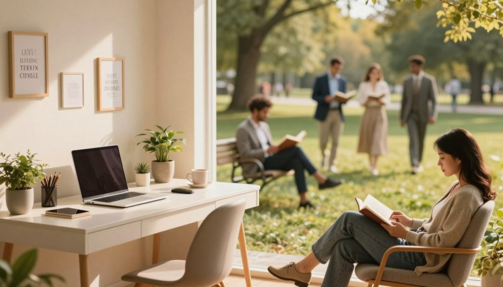 A serene work-life balance scene, featuring a split image: on the left, a well-organized home office bathed in warm, golden lighting, showcasing a neatly arranged desk with a laptop, potted plants, and motivational quotes on the wall. On the right, a tranquil outdoor setting, with a soft-focus background of a park where a diverse group of individuals in professional attire engages in leisure activities, such as reading and walking. The foreground includes a comfortable chair and a coffee cup, symbolizing relaxation. The composition captures a harmonious blend of productivity and relaxation, with a dreamy atmosphere that conveys peace and balance. Shot from a slightly elevated angle, emphasizing the duality of work and life. A serene work-life balance scene, featuring a split image: on the left, a well-organized home office bathed in warm, golden lighting, showcasing a neatly arranged desk with a laptop, potted plants, and motivational quotes on the wall. On the right, a tranquil outdoor setting, with a soft-focus background of a park where a diverse group of individuals in professional attire engages in leisure activities, such as reading and walking. The foreground includes a comfortable chair and a coffee cup, symbolizing relaxation. The composition captures a harmonious blend of productivity and relaxation, with a dreamy atmosphere that conveys peace and balance. Shot from a slightly elevated angle, emphasizing the duality of work and life.