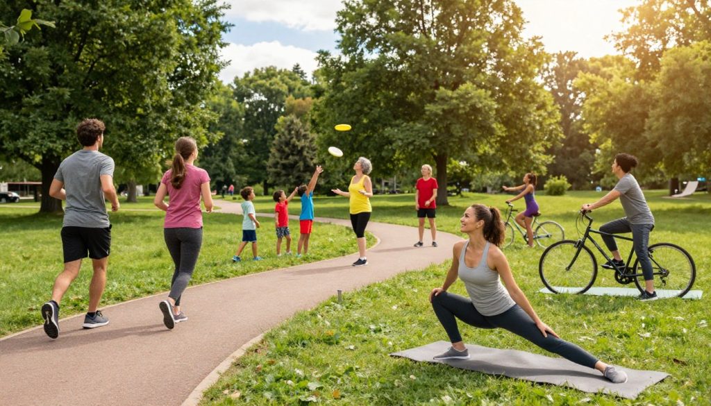 A vibrant scene depicting a diverse group of individuals engaging in various forms of physical activity, such as jogging, cycling, and yoga, set in a lush park filled with greenery. In the foreground, a smiling woman in comfortable athletic wear is stretching on a yoga mat, while a man runs along a winding path. In the middle ground, a family enjoys a game of frisbee, showcasing different ages and ethnicities to represent inclusivity. The background features tall trees and blue skies, with soft sunlight filtering through the leaves, creating a warm, inviting atmosphere. The image captures a sense of energy and joy, promoting the concept of making physical activity a natural part of daily life. The angle is slightly elevated, providing a panoramic view of the vibrant landscape, with a focus on the people enjoying their movement. A vibrant scene depicting a diverse group of individuals engaging in various forms of physical activity, such as jogging, cycling, and yoga, set in a lush park filled with greenery. In the foreground, a smiling woman in comfortable athletic wear is stretching on a yoga mat, while a man runs along a winding path. In the middle ground, a family enjoys a game of frisbee, showcasing different ages and ethnicities to represent inclusivity. The background features tall trees and blue skies, with soft sunlight filtering through the leaves, creating a warm, inviting atmosphere. The image captures a sense of energy and joy, promoting the concept of making physical activity a natural part of daily life. The angle is slightly elevated, providing a panoramic view of the vibrant landscape, with a focus on the people enjoying their movement.