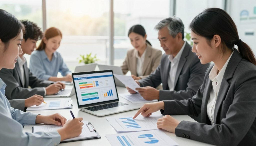 A modern office setting featuring a diverse group of professionals gathered around a large table covered with documents, laptops, and charts comparing auto insurance rates. In the foreground, a young woman in a business suit points to a financial chart, while a middle-aged man in a blazer reviews a document. In the middle, a laptop displays an infographic of auto insurance rate comparisons in bright, engaging colors. The background features large windows with natural light pouring in, creating a bright and inviting atmosphere. The image conveys a sense of collaboration and determination, emphasizing the theme of effectively comparing auto insurance rates. Soft, warm lighting enhances the professional mood of the scene.