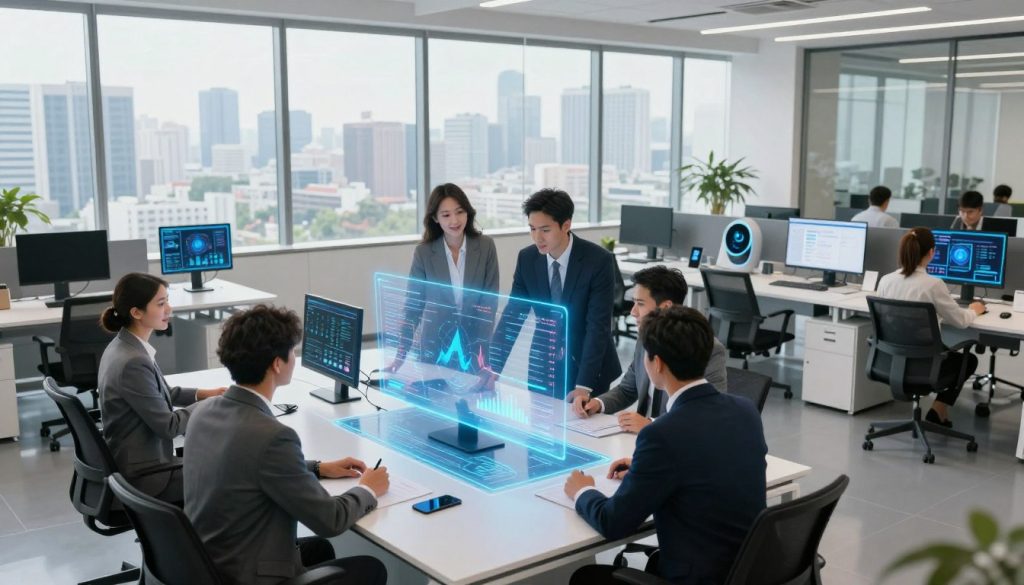 A modern office space showcasing advanced AI technology enhancing work efficiency. In the foreground, a diverse group of professionals in smart business attire, collaborating around a sleek, high-tech table equipped with interactive holographic displays projecting graphs and productivity charts. The middle ground features a large window with a bright, airy view of a city skyline, symbolizing innovation and growth. In the background, various AI-driven tools on ergonomic desks, such as smart assistants and digital task boards, seamlessly integrate into the workspace. Soft, natural lighting floods the room, creating an optimistic and productive atmosphere. Capture the scene from a slightly elevated angle to emphasize the dynamics of teamwork and cutting-edge technology. A modern office space showcasing advanced AI technology enhancing work efficiency. In the foreground, a diverse group of professionals in smart business attire, collaborating around a sleek, high-tech table equipped with interactive holographic displays projecting graphs and productivity charts. The middle ground features a large window with a bright, airy view of a city skyline, symbolizing innovation and growth. In the background, various AI-driven tools on ergonomic desks, such as smart assistants and digital task boards, seamlessly integrate into the workspace. Soft, natural lighting floods the room, creating an optimistic and productive atmosphere. Capture the scene from a slightly elevated angle to emphasize the dynamics of teamwork and cutting-edge technology.