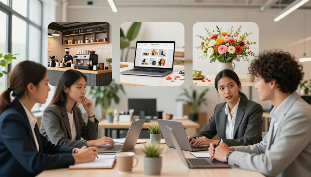 A vibrant and inspiring workspace showcasing a variety of profitable small business ideas. In the foreground, a diverse group of three professionals, dressed in smart business attire, are engaged in discussion around a modern table filled with laptops and notepads. The middle layer features visual elements representing small businesses: a coffee shop setup with barista equipment, a trendy online store displayed on a laptop, and a creative floral arrangement emphasizing a local florist. The background shows a bright, airy office space with large windows and greenery, conveying a sense of innovation and opportunity. Soft, warm lighting enhances the atmosphere, while a shallow depth of field subtly blurs the background, drawing focus to the engaging scene. The overall mood is motivational and dynamic, ideal for reflecting modern entrepreneurial spirit.