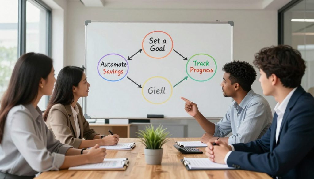 A visually engaging illustration depicting the essential steps for building an emergency fund. In the foreground, a diverse group of three professionals—two women and one man—are seated around a wooden conference table, discussing financial strategies. They are dressed in smart casual attire. On the table are financial documents, a calculator, and a plant for a touch of warmth. In the middle, a large, whiteboard displays a clear, simple diagram outlining steps like "Set a Goal," "Automate Savings," and "Track Progress," using colorful markers. The background features a modern office environment with large windows allowing natural light to brighten the scene. The atmosphere is focused and motivational, conveying a sense of teamwork and financial empowerment.